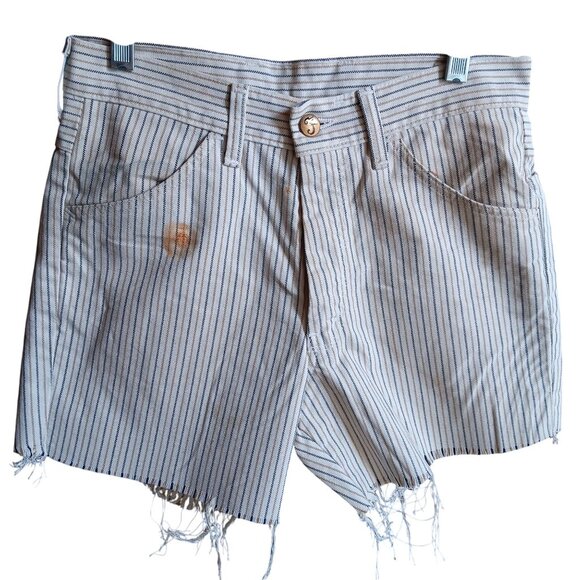 28W True Vintage 1970's Farah Striped Cut-Off Mod Denim Shorts Surfer Distress - Picture 1 of 6